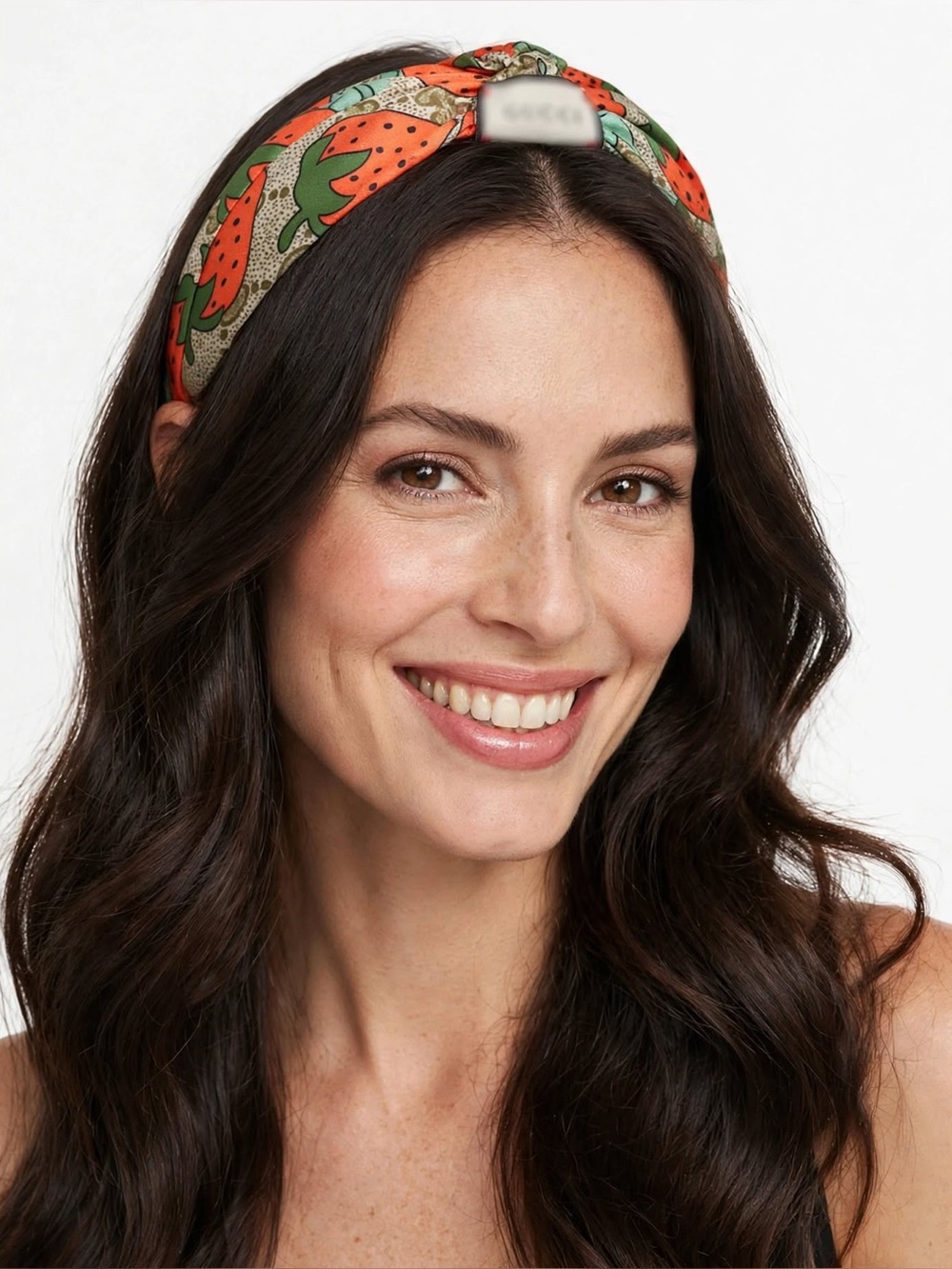 Strawberry Print Headband - orange & Green on Beige